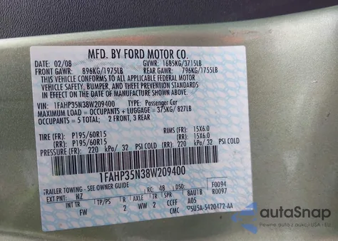 2008 Ford Focus Se/Ses из США, поврежденный, VIN 1FAHP35N38W209400